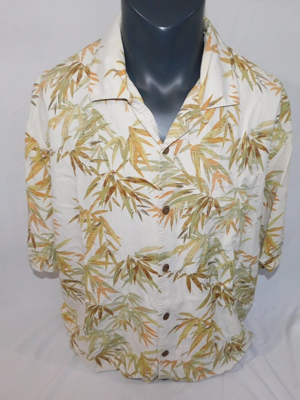 Tommy Bahama Cream Tan Green Tropical Bamboo Hawaiian Shirt 100% Silk Mens XLX
